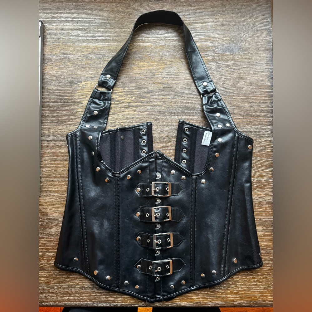 Black halter faux leather corset
